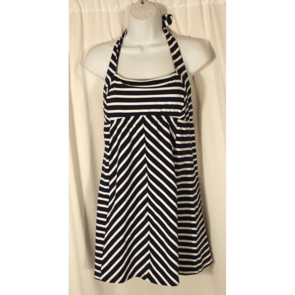 Lands End Halter Neck Swim Dress SIZE 6 Navy Blue White Stripes Built in Bra